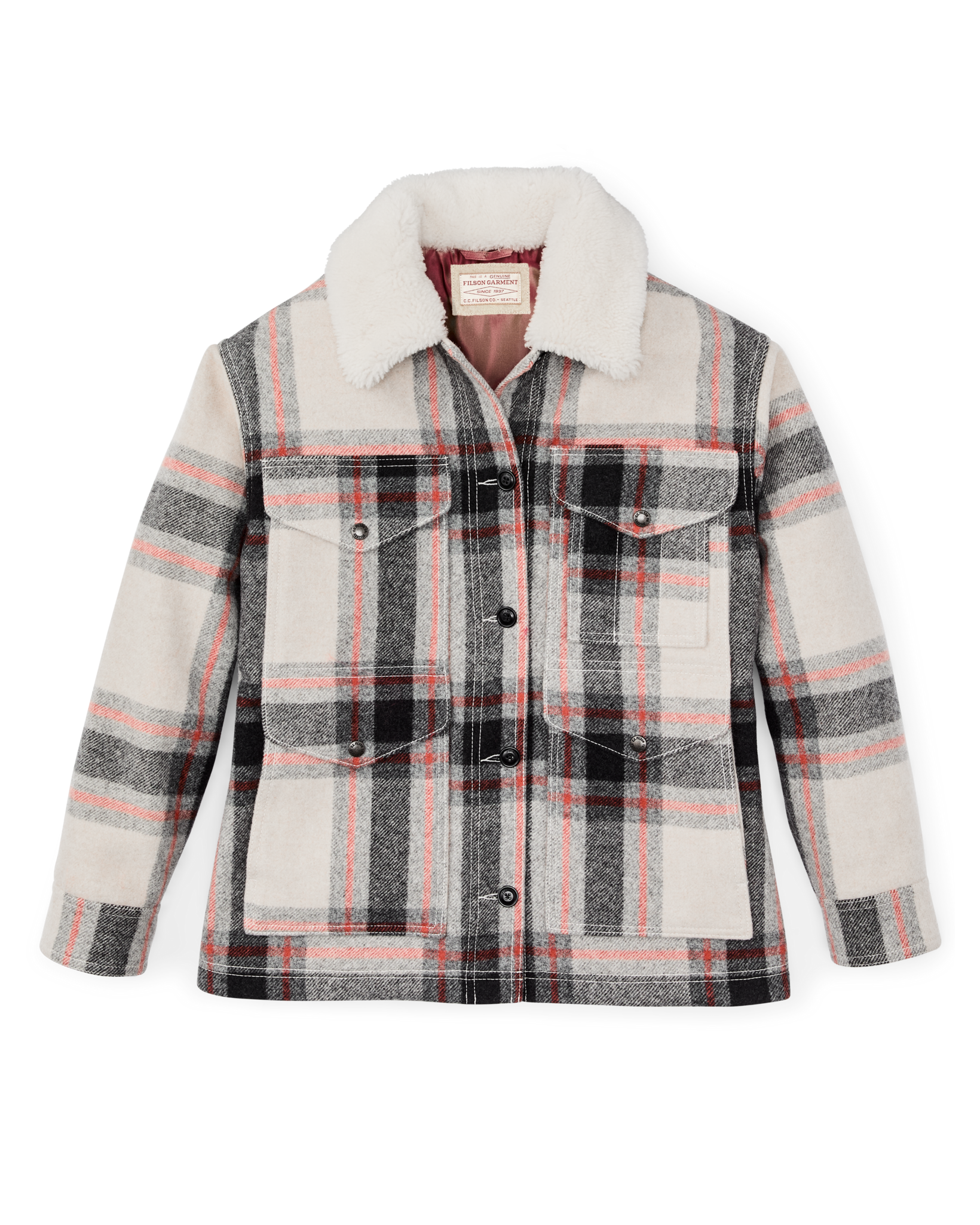 Women's Mackinaw Wool Shearling Cruiser Jacket - Cream / Red / Black Plaid - Image 4