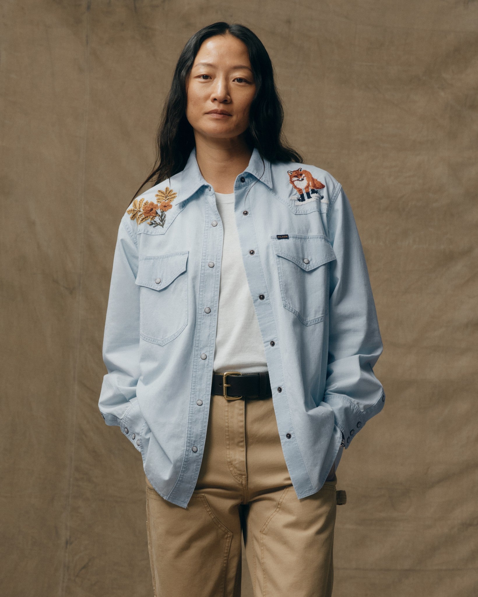 Women's Embroidered Western Shirt - Light Indigo Chambray / Fields