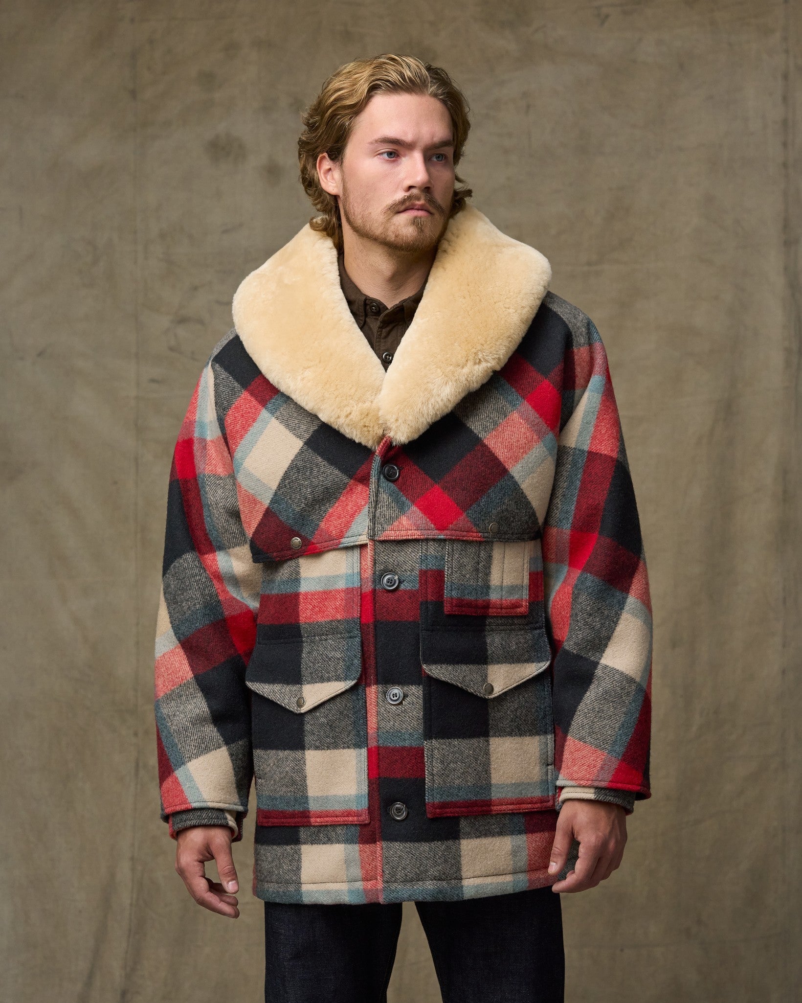 Lined Mackinaw Wool Packer Coat - Red / Cream / Blue Plaid
