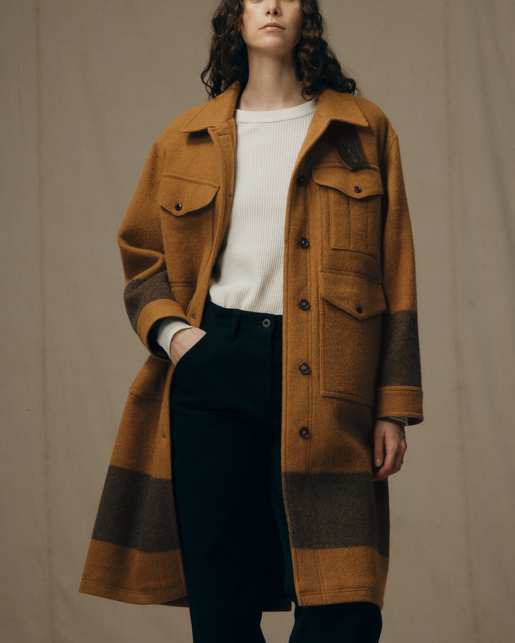 Women's Wool Long Cruiser Coat - Whiskey / Black Stripe - Image 2